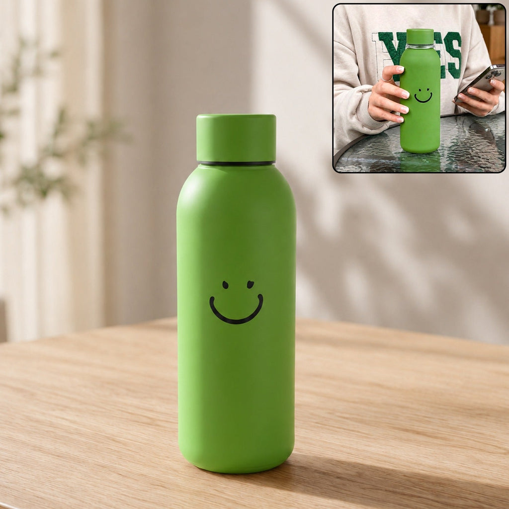 Green smiley-face travel water bottle with silicone sleeve and rounded cap