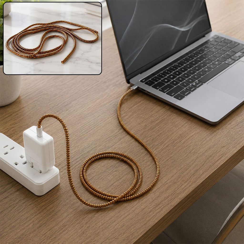 Spiral cable protector sleeve with coiled brown cover for laptop charger cord