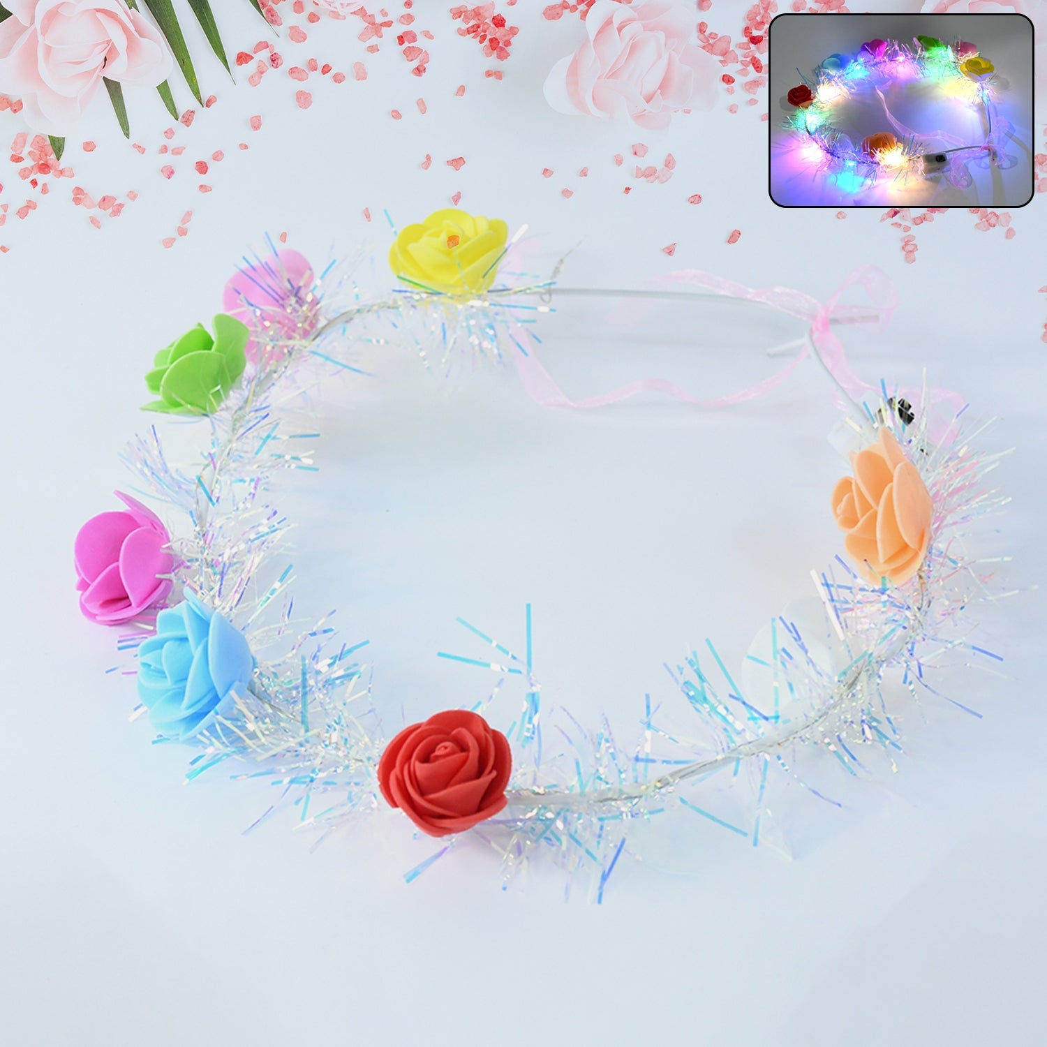 Bloom Glow LED Flower Crown Headband featuring colorful multicolor rose LED lights