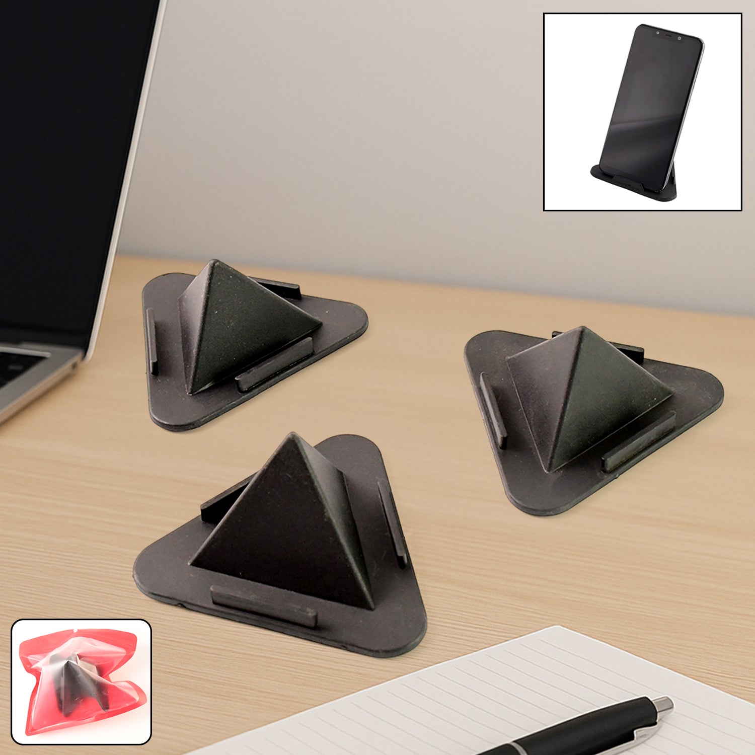 Three-piece pyramid mobile stand set showing adjustable-angle phone holders