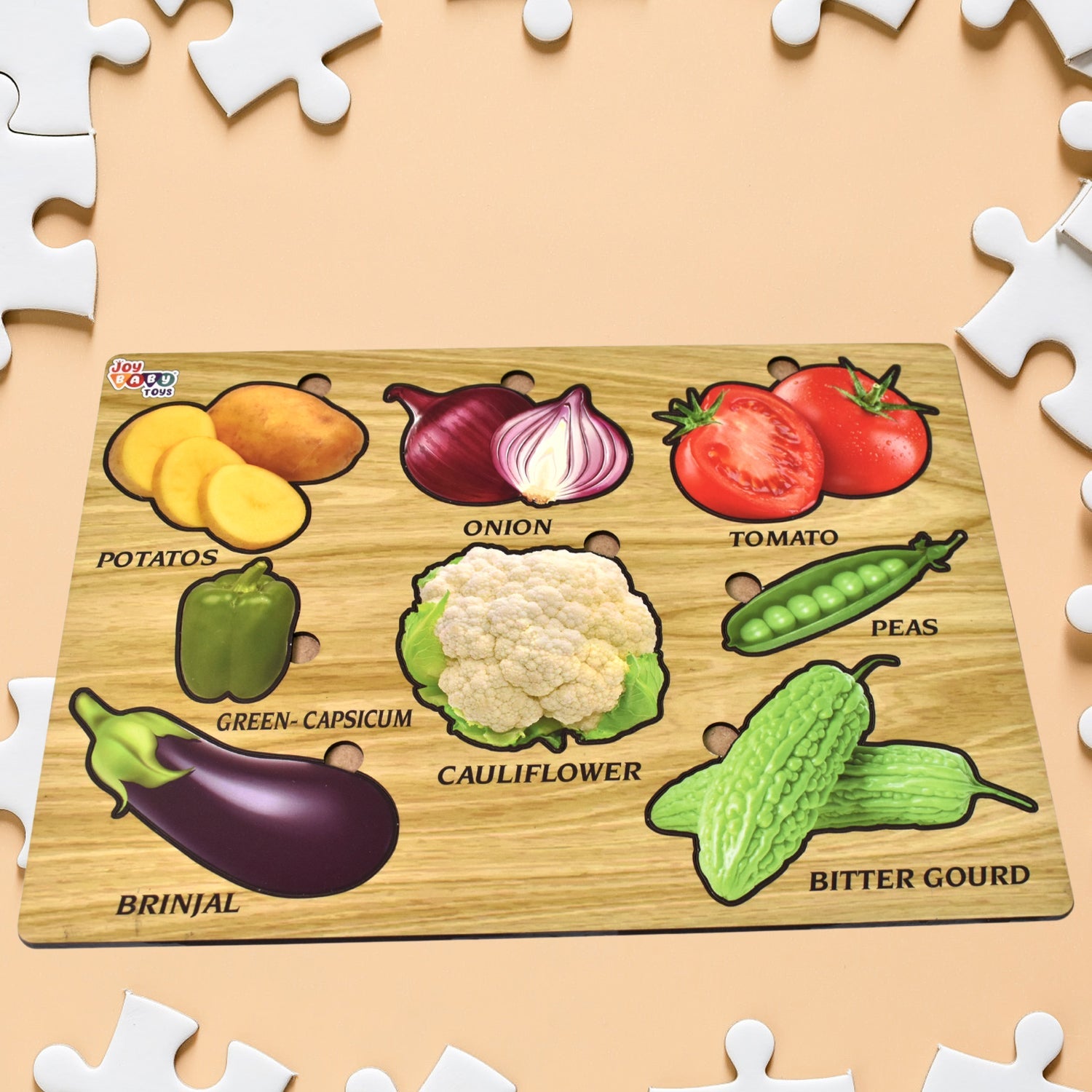 Wooden vegetable puzzle board with colorful carrot, mushroom, and broccoli pieces.