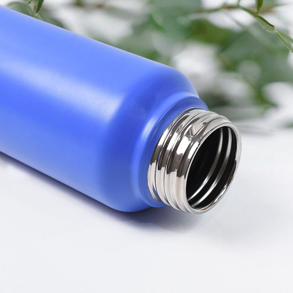 Blue stainless steel water bottle open mouth with inner steel rim