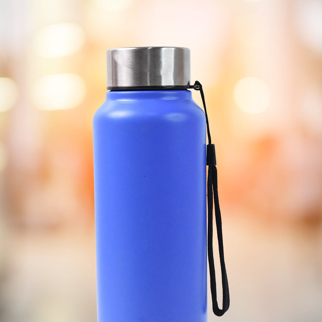 Blue stainless steel water bottle with silver lid and black carrying loop