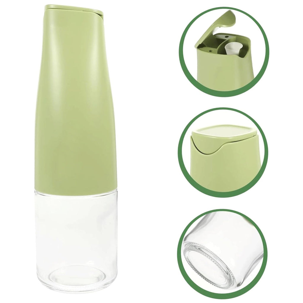 Light green sauce dispenser bottle with flip-top lid and view of built-in nozzle