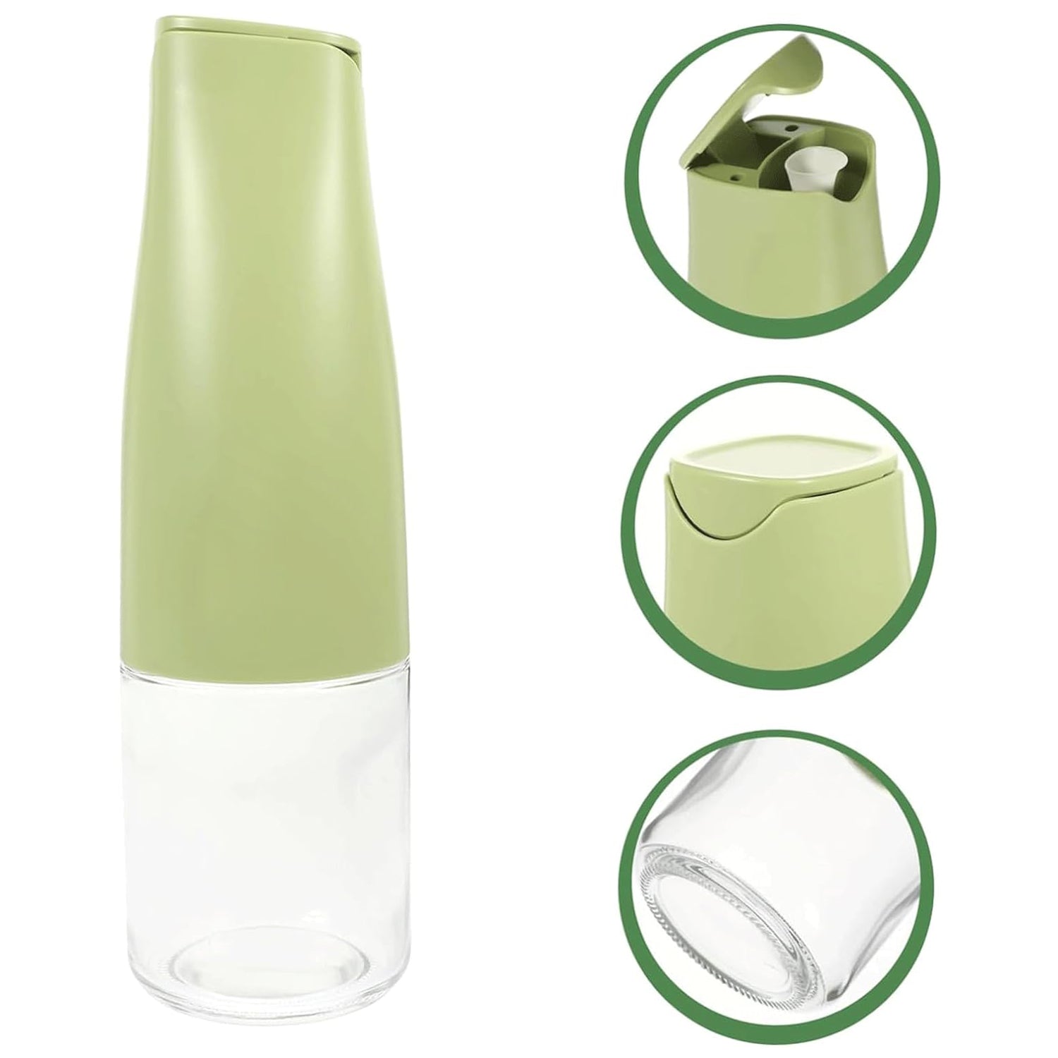 Light green sauce dispenser bottle with flip-top lid and view of built-in nozzle
