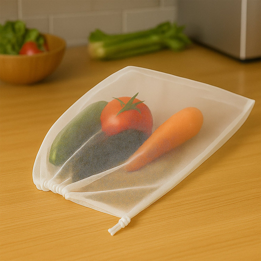 Folded transparent reusable mesh storage bag for compact carrying
