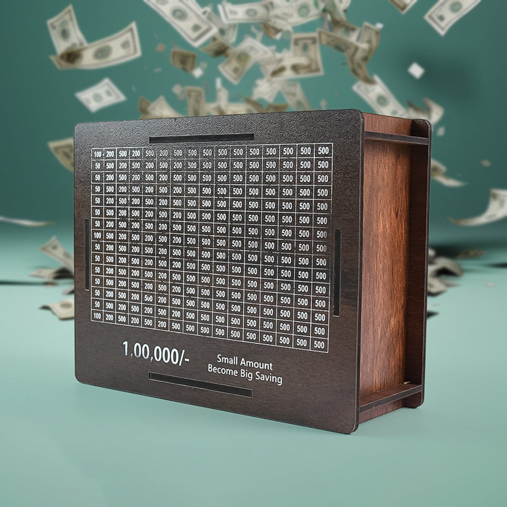 Wooden piggy bank money box with carved design for kids' savings