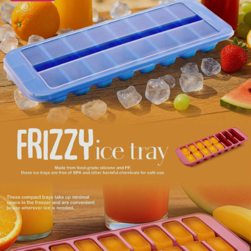Blue ice cube tray with ice cubes and a red second tray shown for comparison