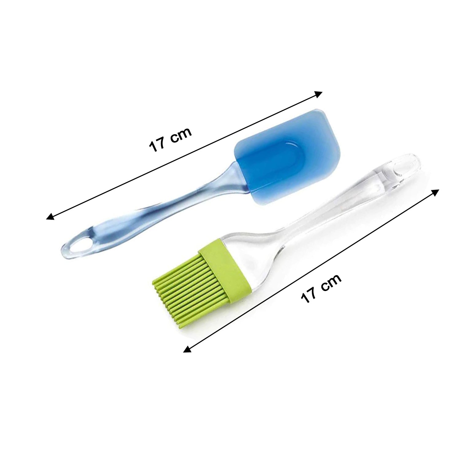 Silicone pastry brush and spatula set, green and blue heads with clear handles, size shown