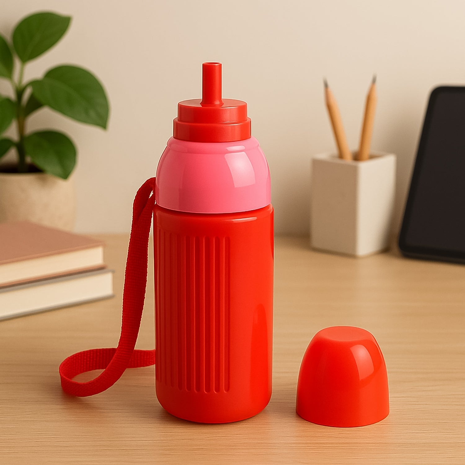 Close-up of the kids insulated water bottle's screw-on lid and cup.