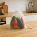 Set of 2 reusable mesh produce bags with secure drawstring closures for grocery storage