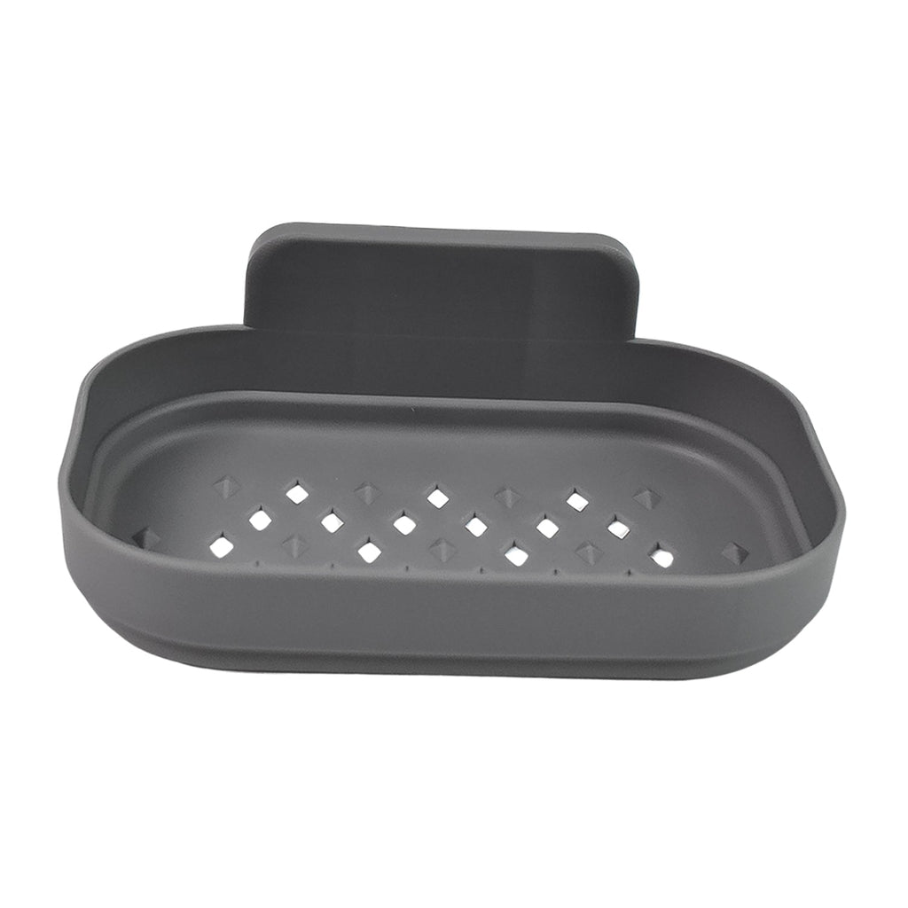 Dark gray wall-mounted soap dish with perforated draining insert and back tab