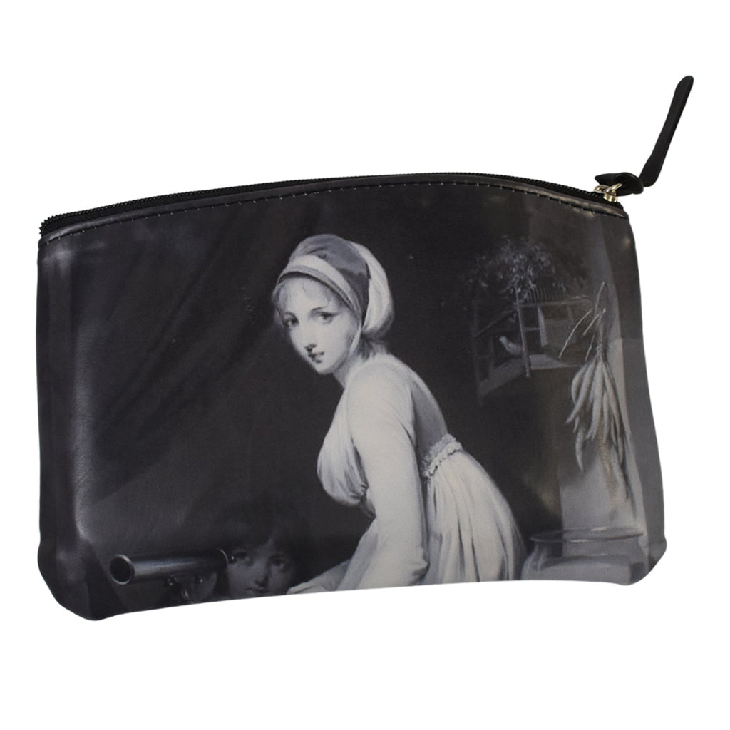 Black zippered travel pouch with monochrome portrait print, hanging loop