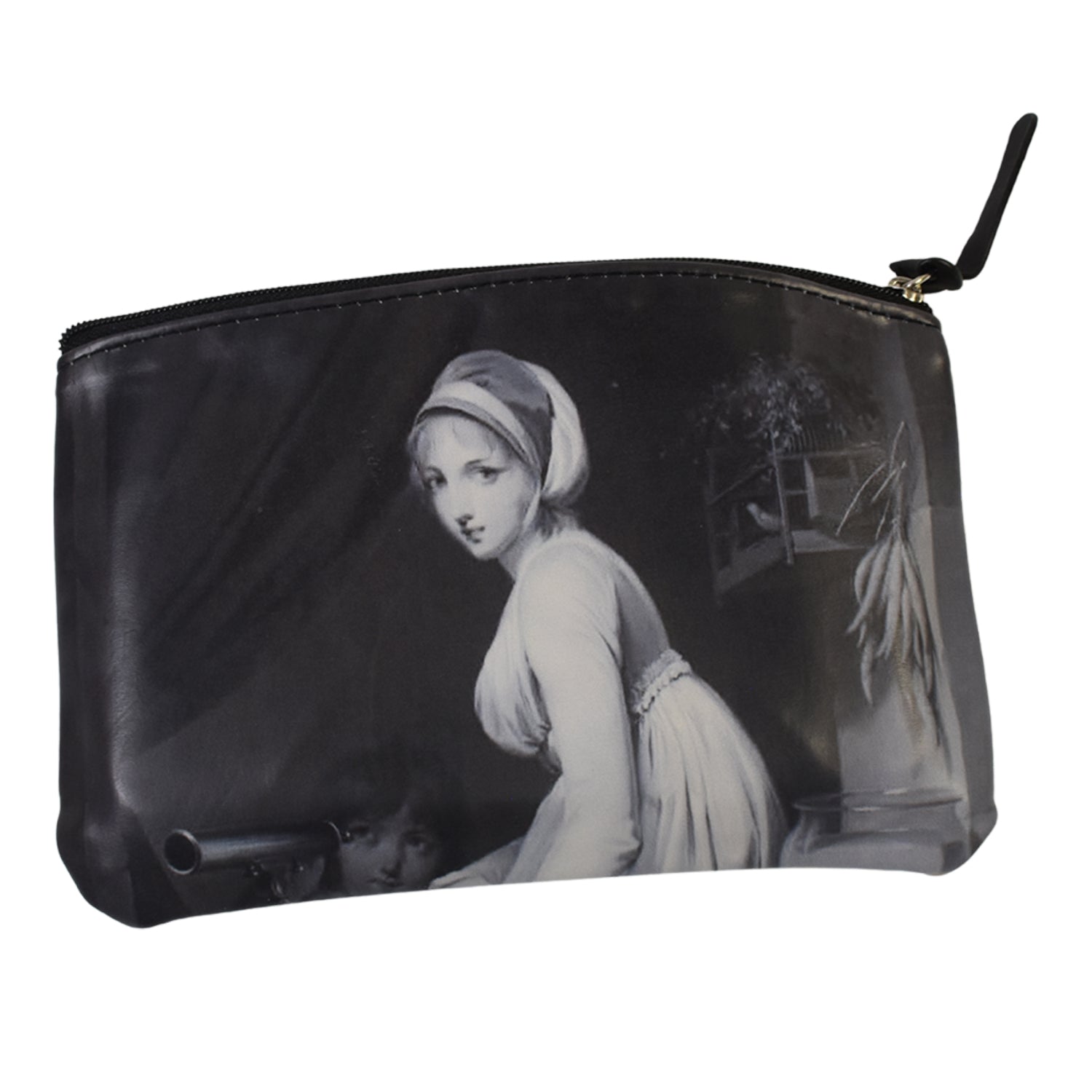 Black zippered travel pouch with monochrome portrait print, hanging loop