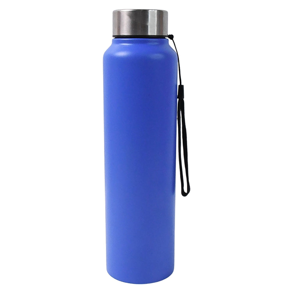 Blue stainless steel water bottle with metal lid and black strap loop