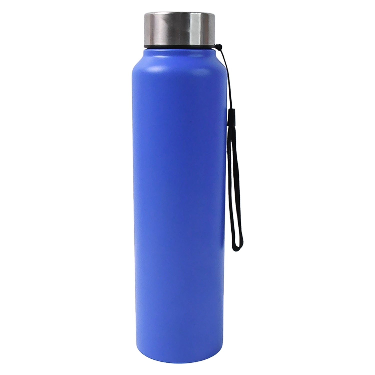 Blue stainless steel water bottle with silver cap and black wrist strap