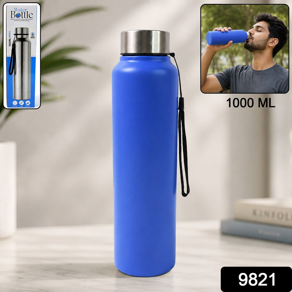 Blue stainless steel bottle with silver cap, black wrist strap, 1000 ml