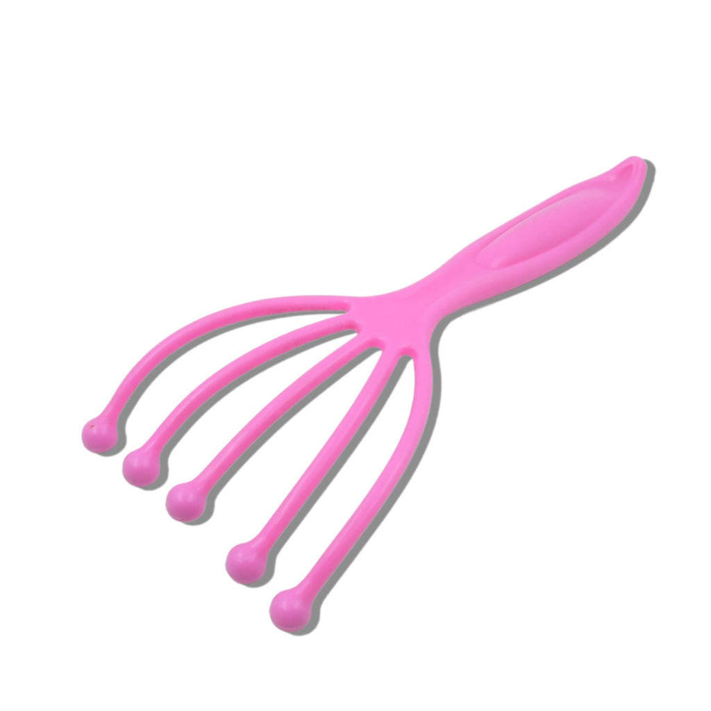 Pink scalp massager tool side view with five prongs and round bead tips