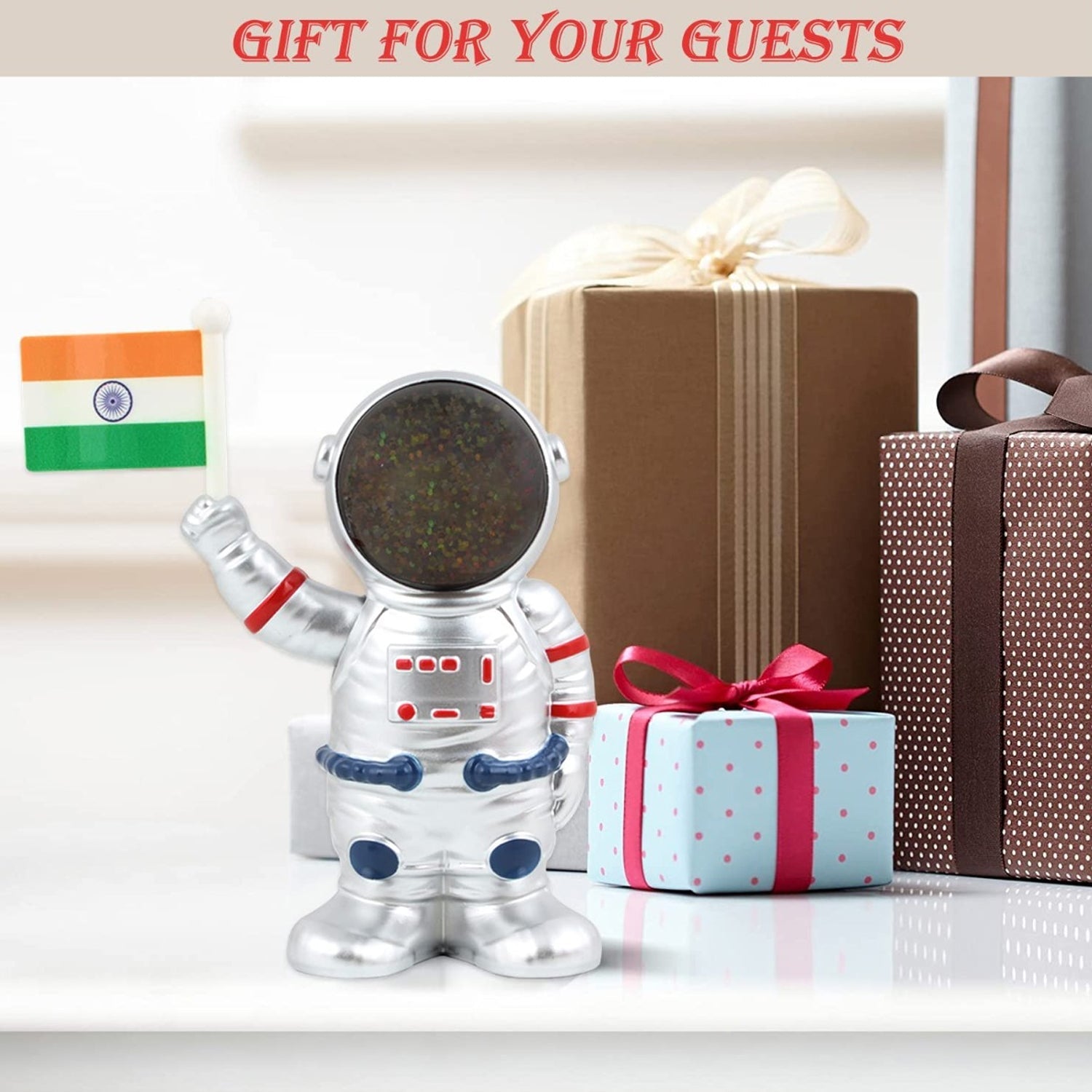 Front view of solar astronaut ornament with Indian flag waving hand for car decor