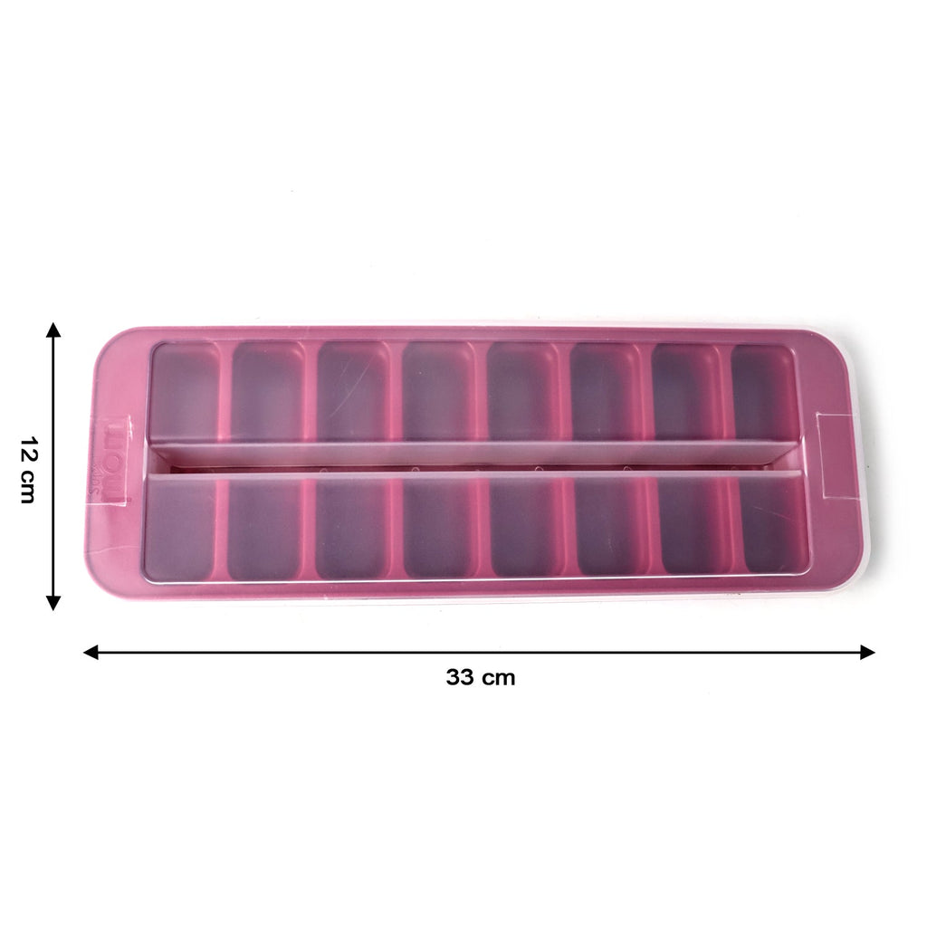 Ice cube tray with a purple frame and red interior molds, with size dimensions shown