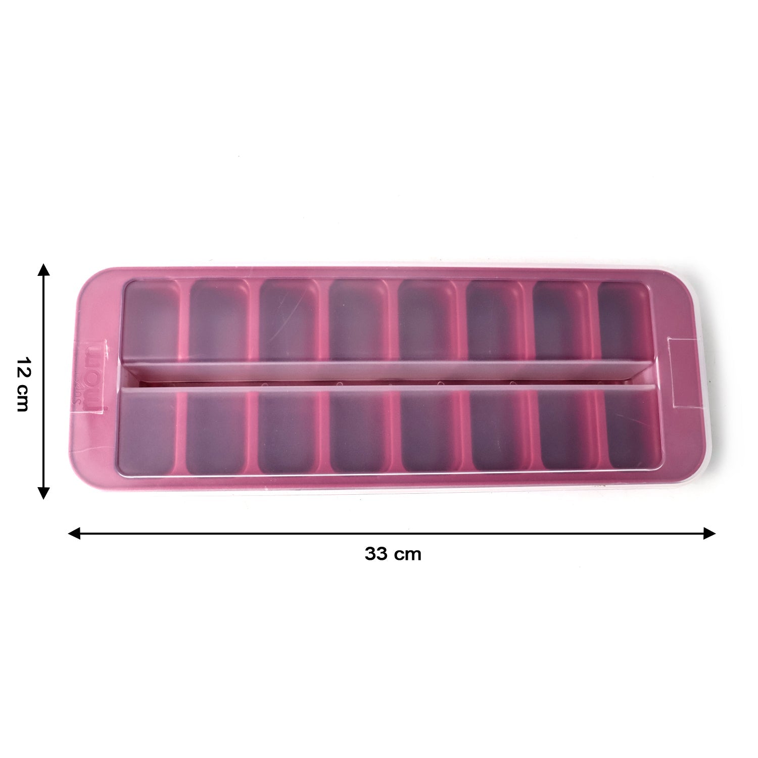 Ice cube tray with a purple frame and red interior molds, with size dimensions shown