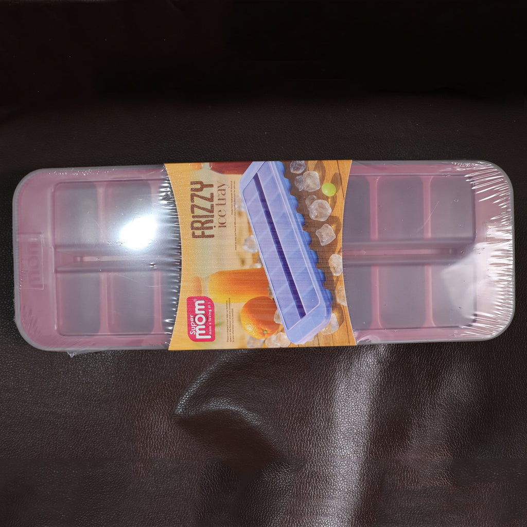 Packaged ice cube tray in a clear plastic container with a printed label on the side