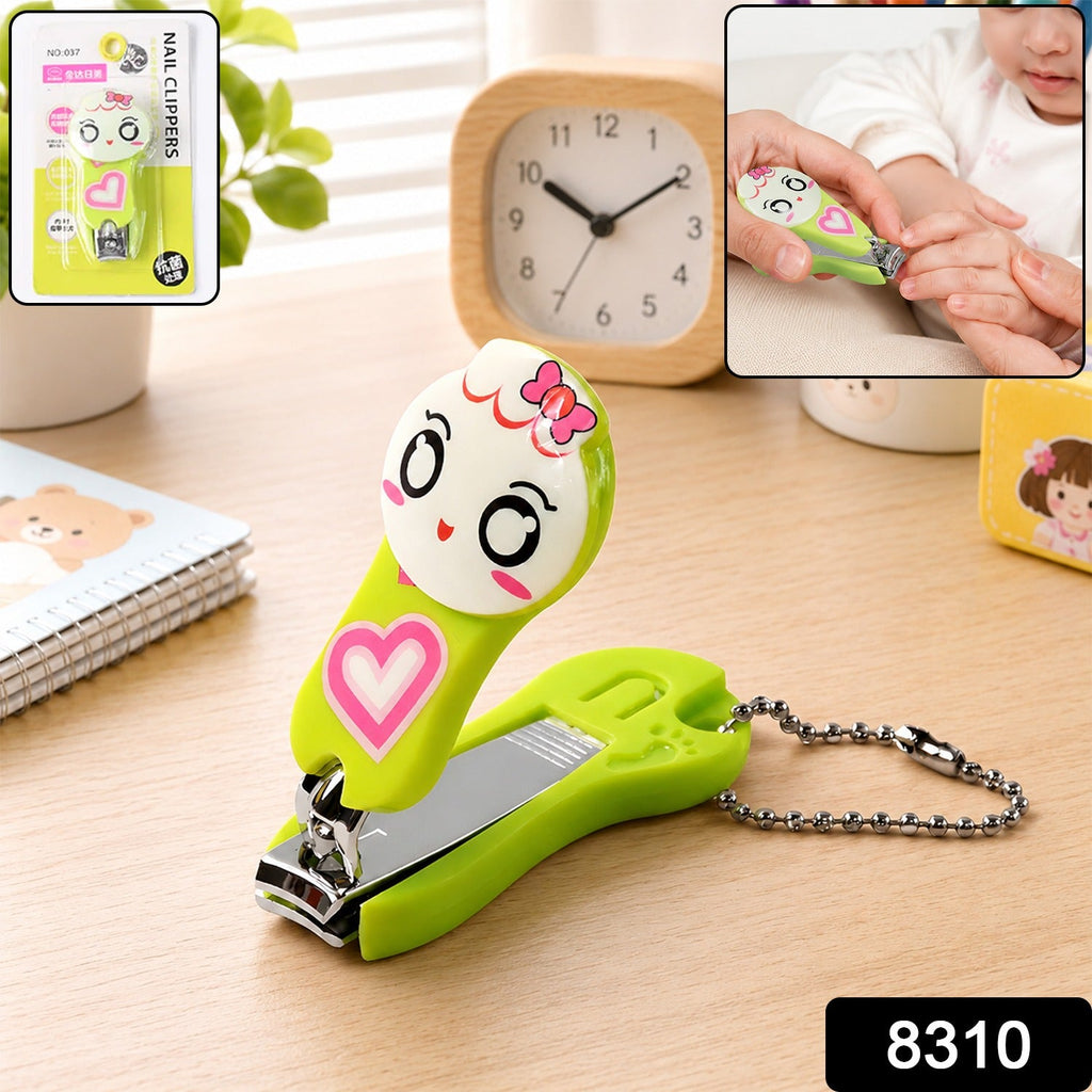 Kids nail clipper keychain, lime green with chain and cartoon handle; nail cutter head