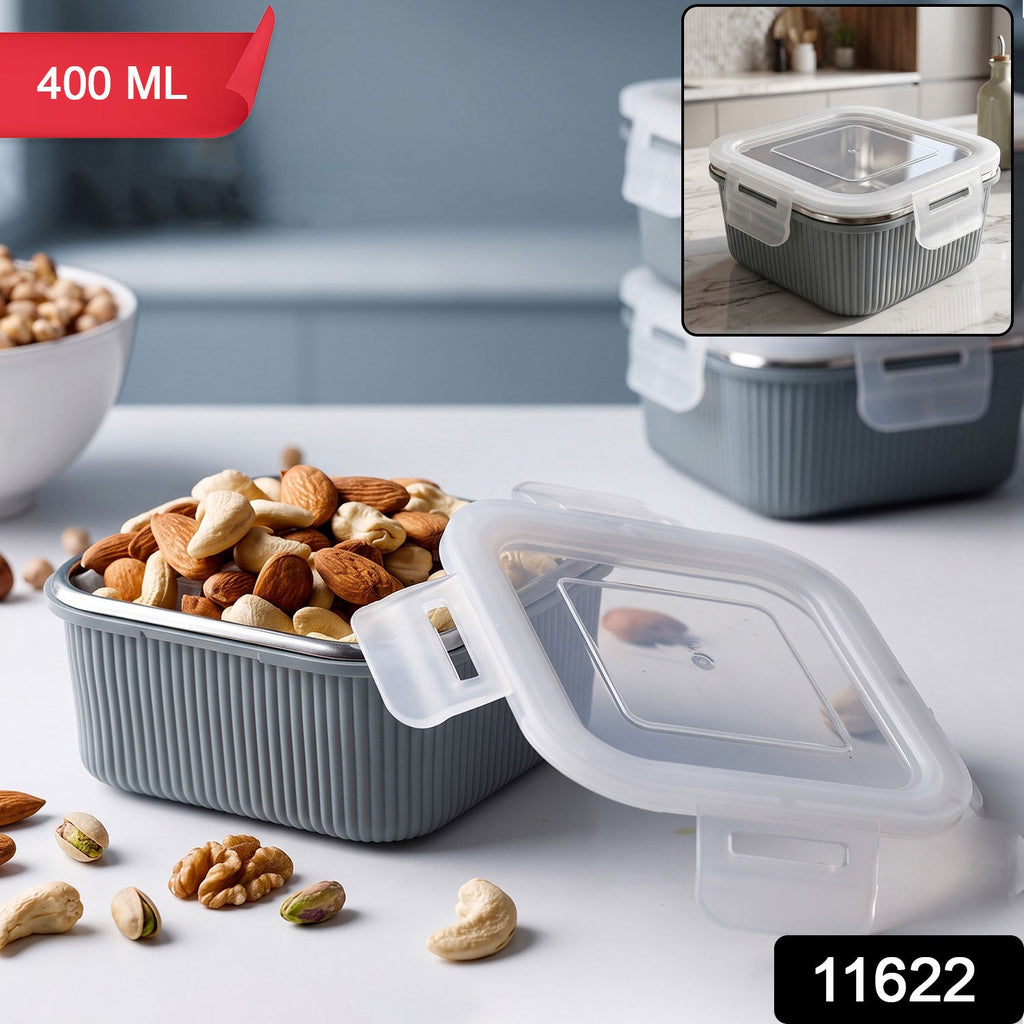 Square food storage container, 400 ml, gray ribbed body with clear airtight lid and snap clips