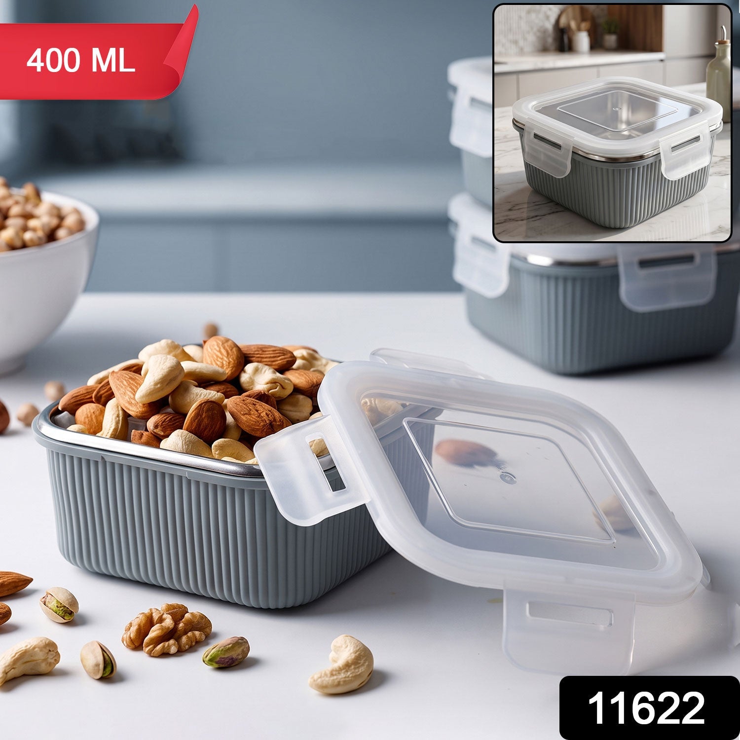 Square food storage container, 400 ml, gray ribbed body with clear airtight lid and snap clips
