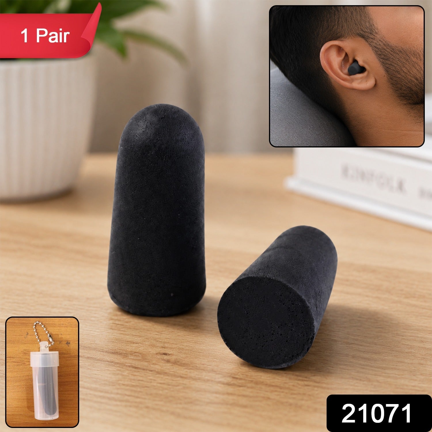 Soft black foam earplugs with clear refillable case, reusable noise reduction pair