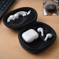 Zippered hard-shell Bluetooth earbuds case, black fabric with open slots for charging case