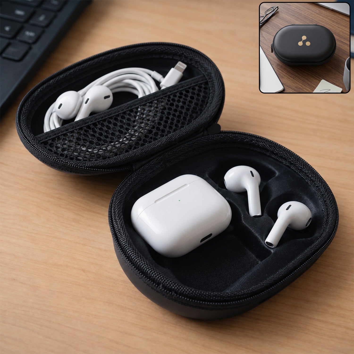 Zippered hard-shell Bluetooth earbuds case, black fabric with open slots for charging case