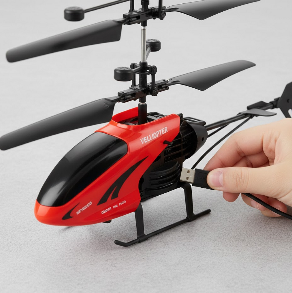 USB-chargeable remote control helicopter toy in red and black with 'VELLIOTER' logo, USB plug