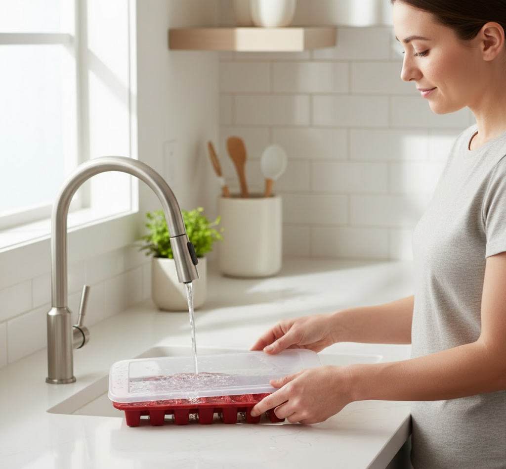 Ice cube tray being filled at a kitchen sink with two-color red and white sections