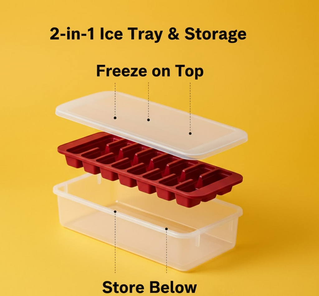 2-in-1 ice tray with top tray and clear storage base shown stacked for freezing and storing