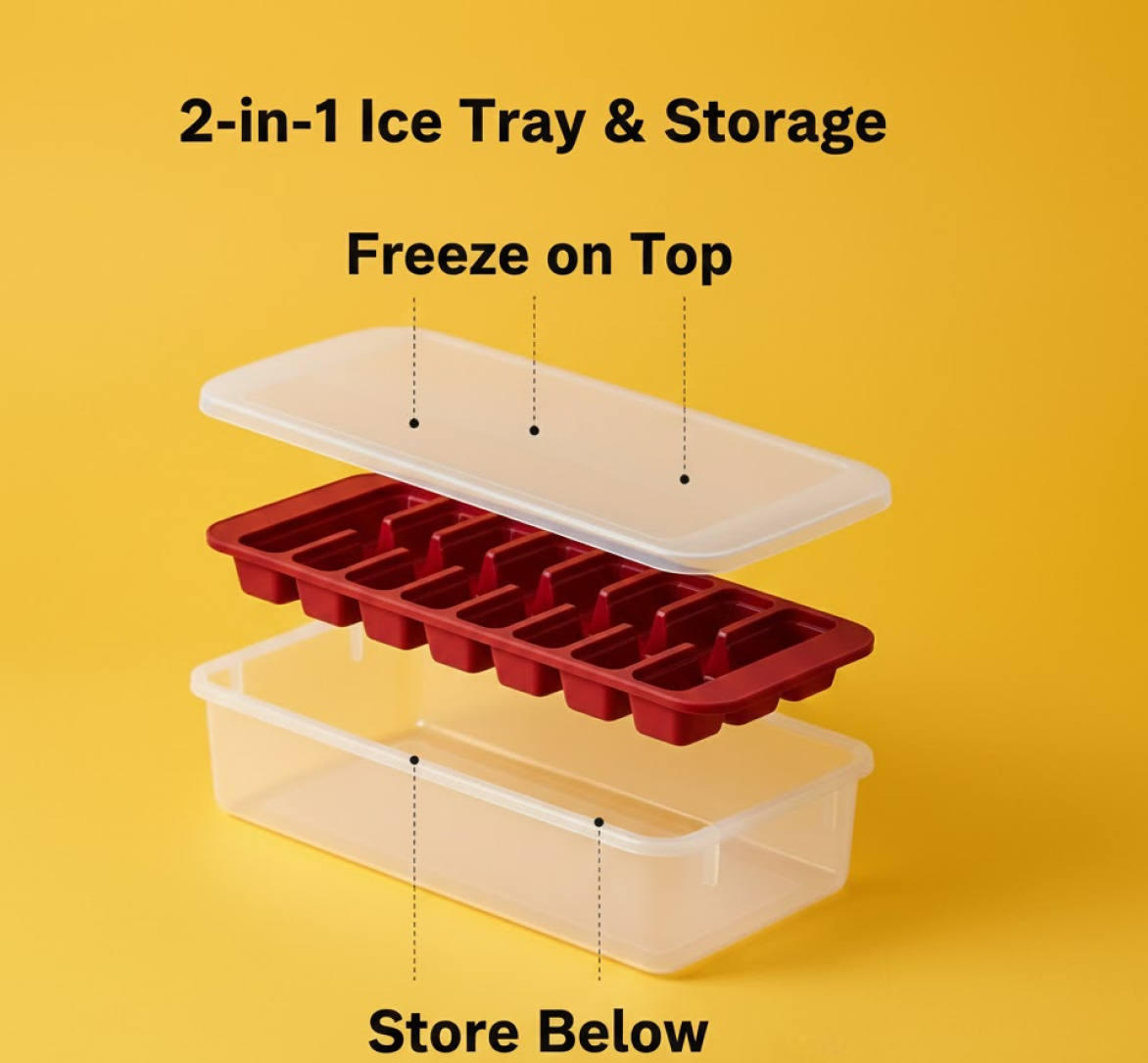 2-in-1 ice tray with top tray and clear storage base shown stacked for freezing and storing