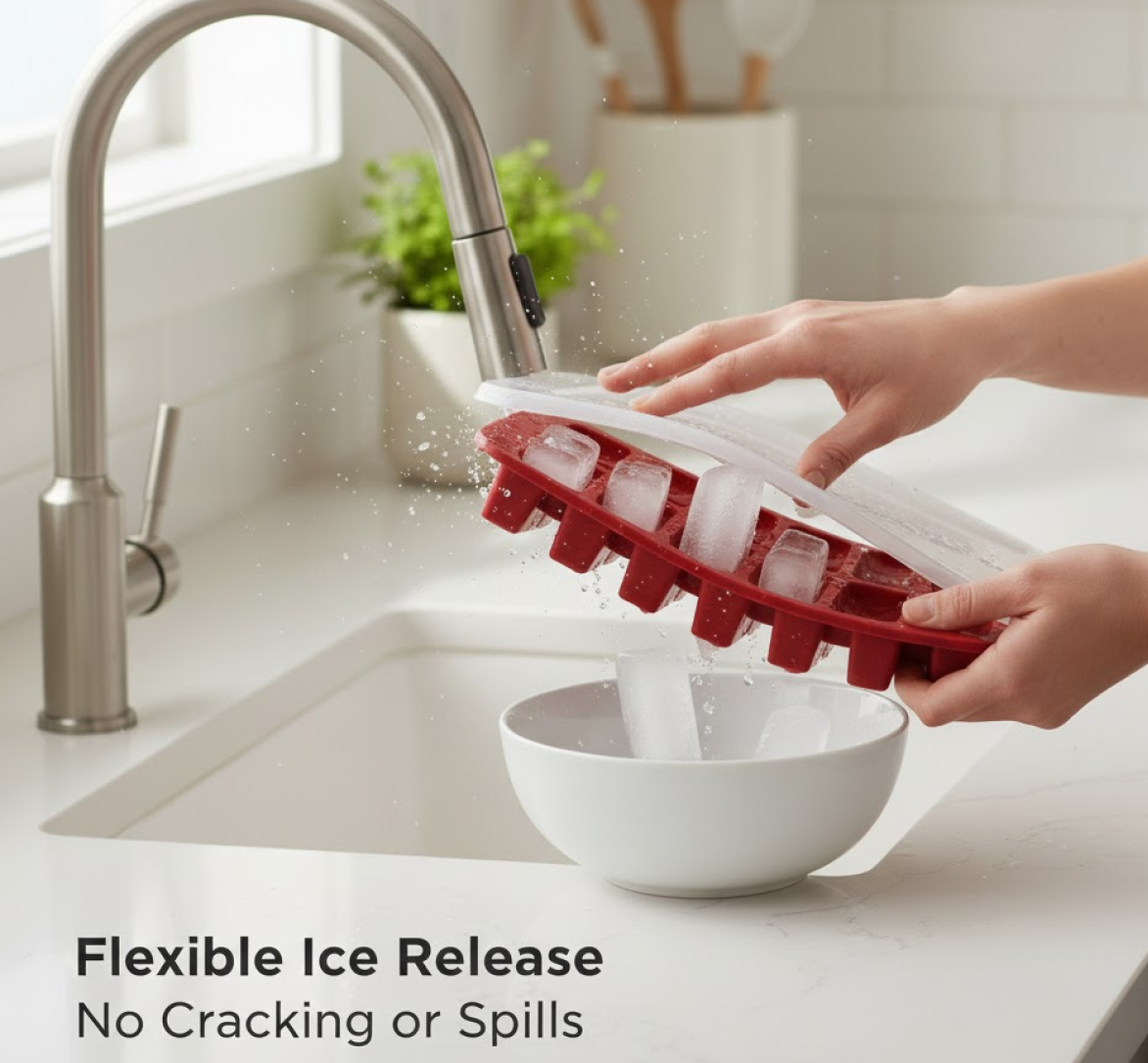 Ice cube tray under running water with water splashes and red flexible molds inside