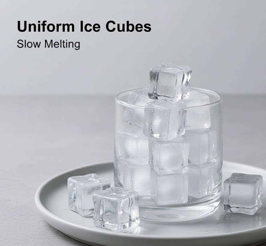 Clear ice cubes on a plate made with an ice cube tray, featuring uniform cubed shapes