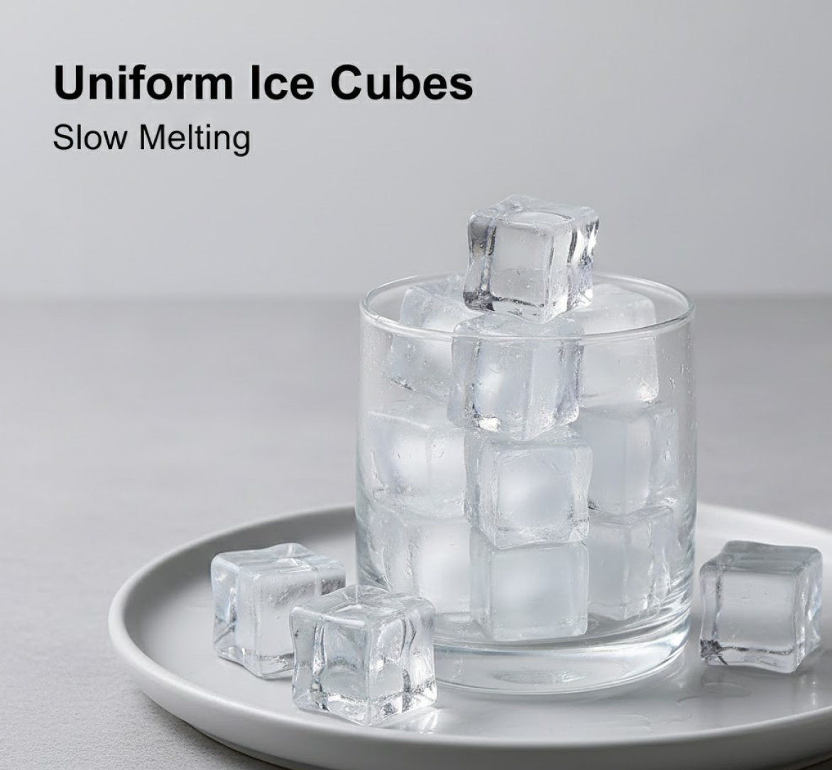 Clear ice cubes on a plate made with an ice cube tray, featuring uniform cubed shapes