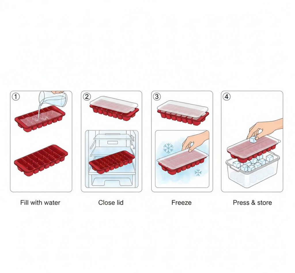 Ice cube tray steps graphic showing fill with water, close lid, freeze, and press to store