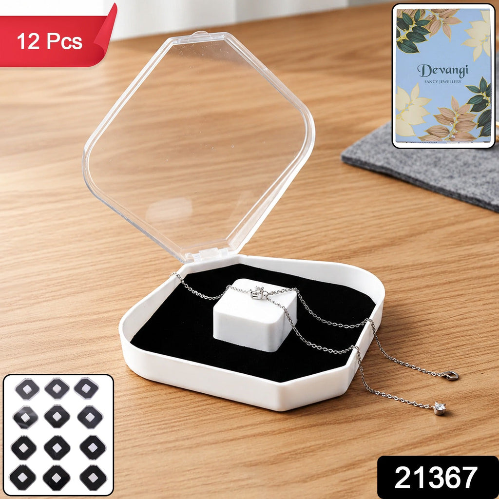 12-piece jewelry storage box set with clear lid, black cushion, necklace and ring