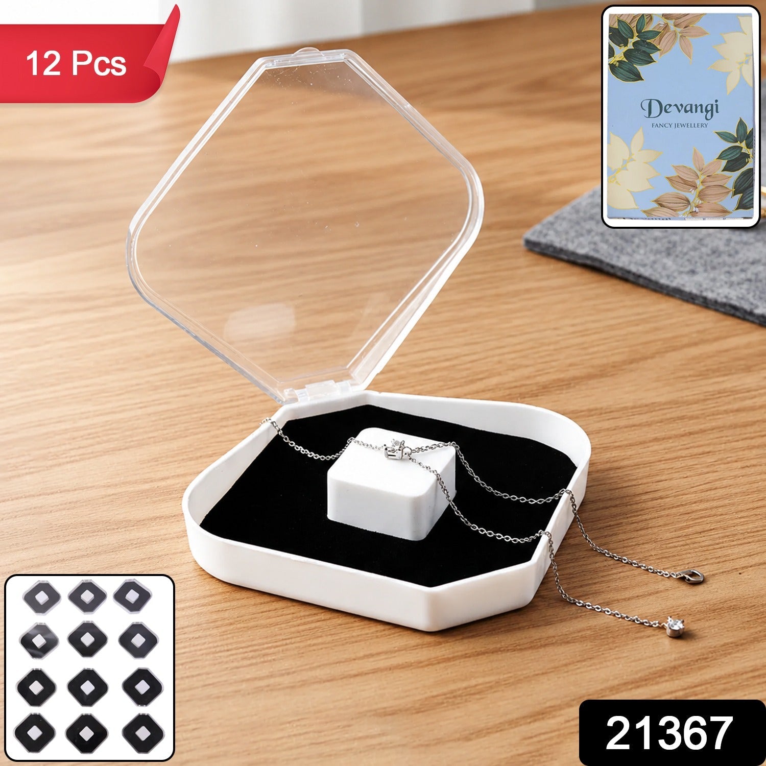 12-piece jewelry storage box set with clear lid, black cushion, necklace and ring