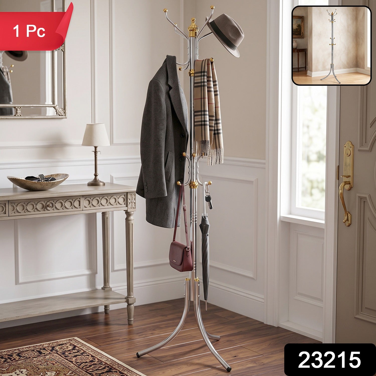 Multi-hook metal coat rack stand with gold finials, holds coats and accessories, silver frame