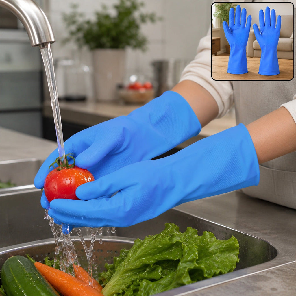 Blue rubber cleaning gloves worn while washing vegetables at a kitchen sink