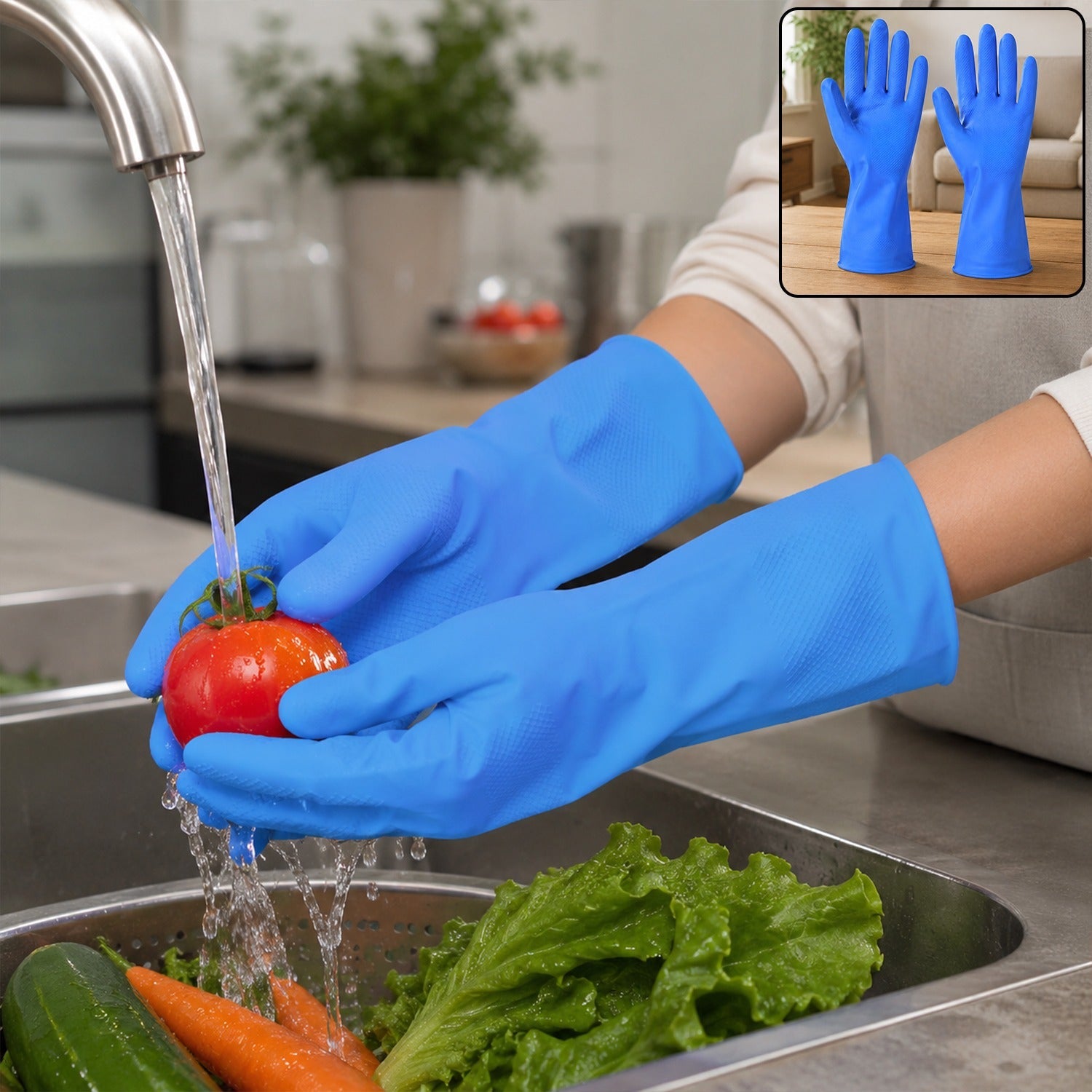 Blue rubber cleaning gloves worn while washing vegetables at a kitchen sink