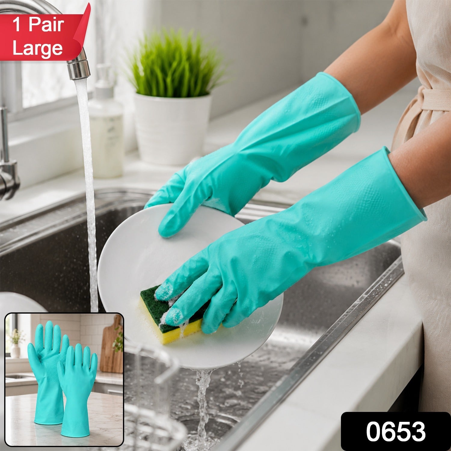 Large turquoise reusable rubber gloves, waterproof kitchen cleaning pair on hands