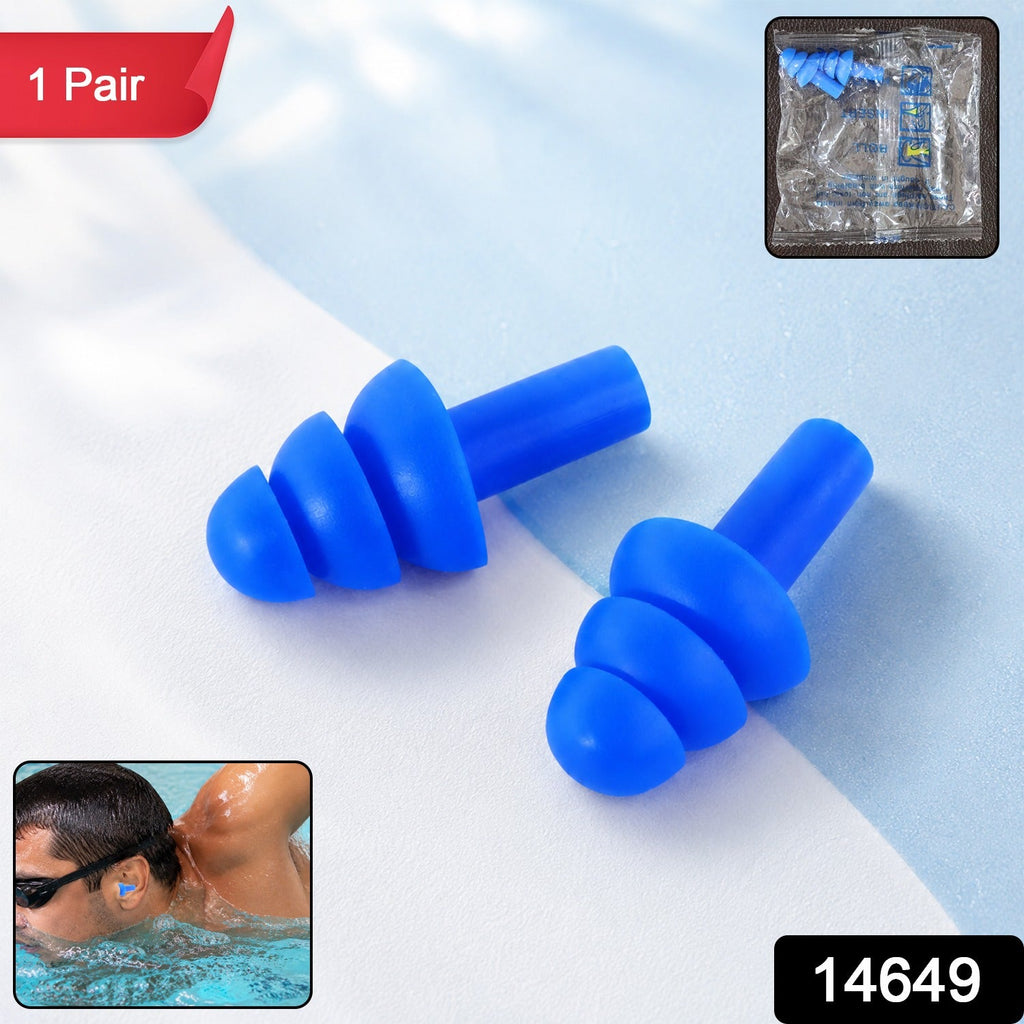 1 pair of blue reusable silicone ear plugs with curved tips and stems