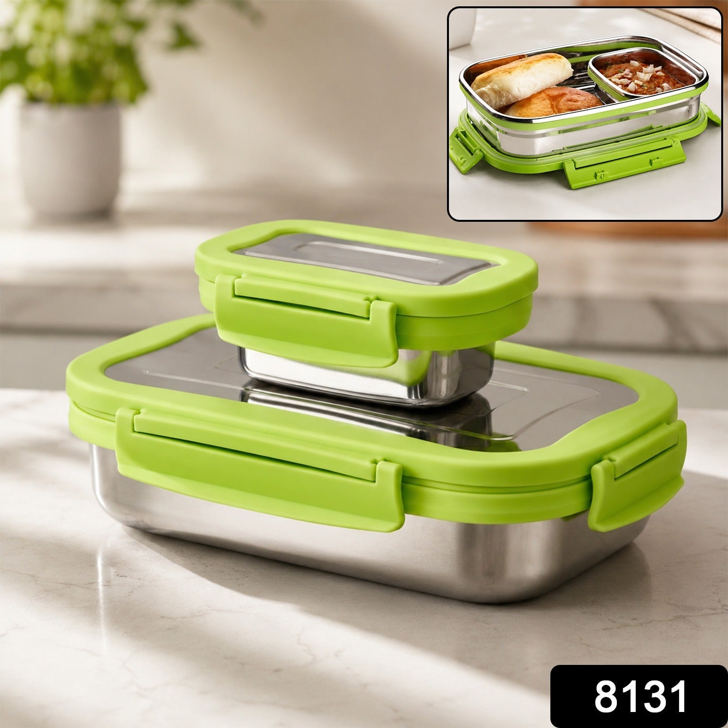 Stacked stainless steel lunch containers with green lids, hinged handle, clasp latches