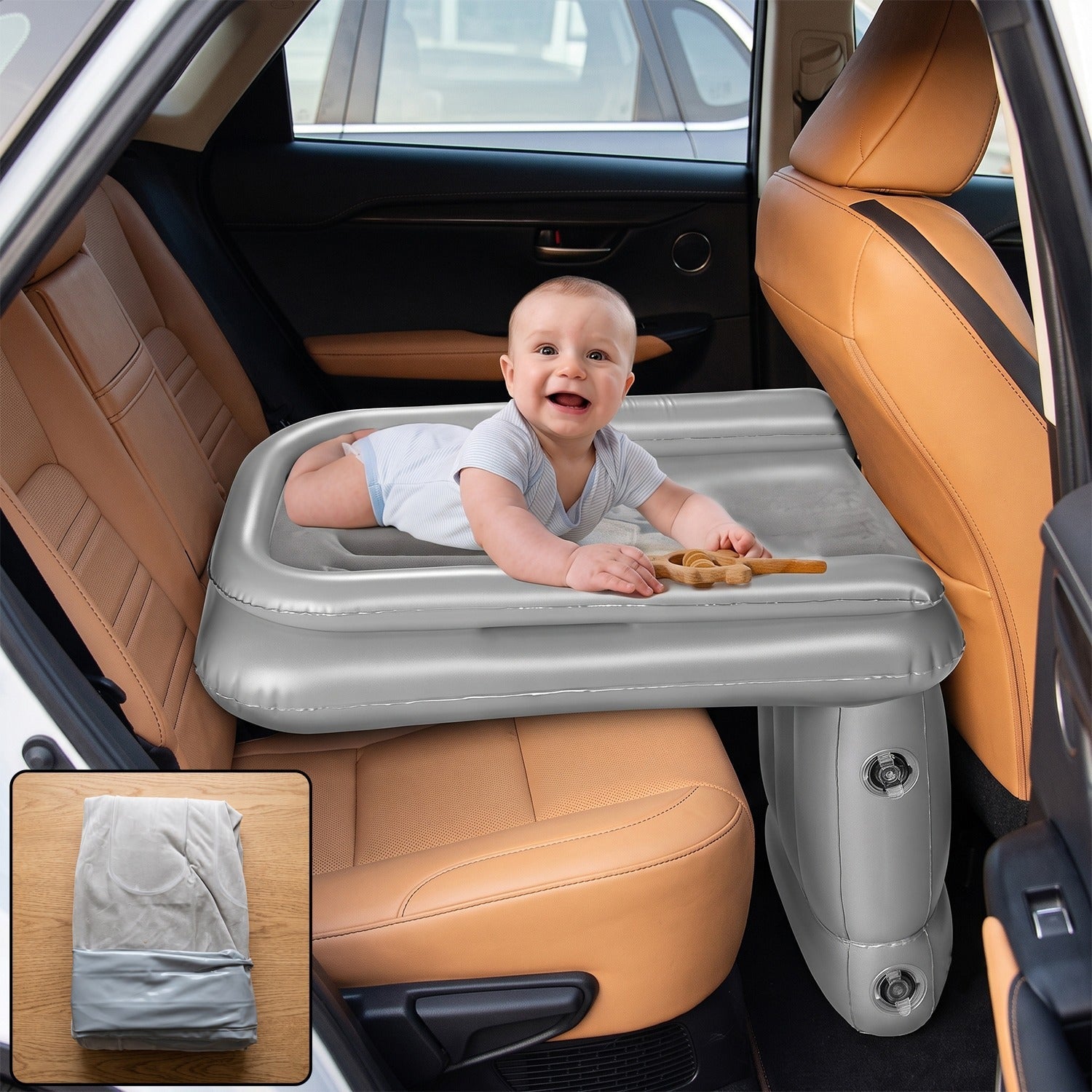 Gray inflatable air bed mattress for car back seat, folded pack shown inset