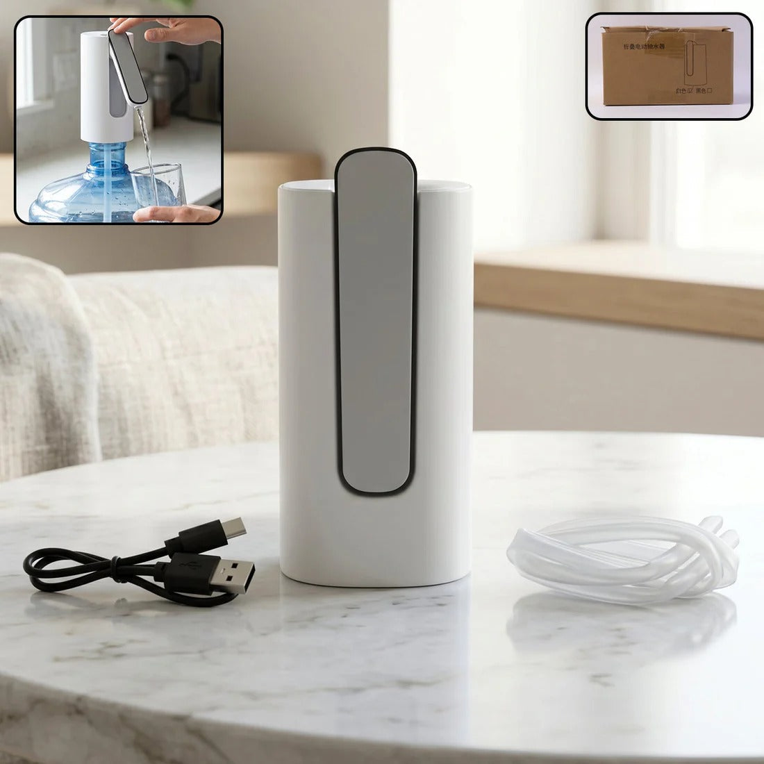 Foldable electric water dispenser pump with white body, gray top, USB cable and tube